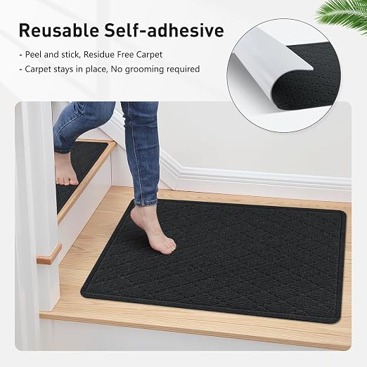 KOOTETA Stair Treads Non Slip Landing Rug for Wooden Steps Indoor, Peel and Stick Stair Treads Matching-Mat 20"X32" Landing Slip Resistant Stair Rugs for Kids and Dogs, Black