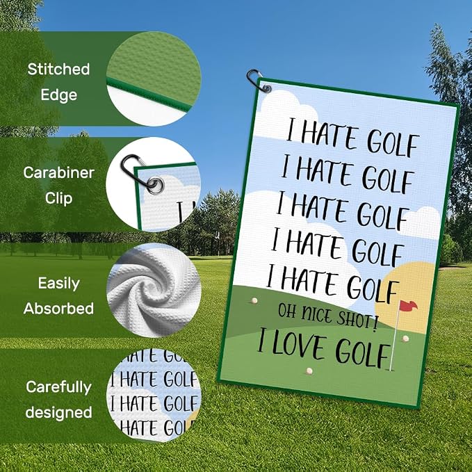 I Hate Golf Towel with Clip, Funny Golf Bag Accessories for Men Women, Golfing Accessories for Men Women, Birthday Retirement Gifts for Golfing Enthusiast, Golfer Gifts for Dad Mom Grandpa