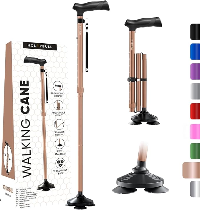 HONEYBULL Walking Cane for Men & Women Foldable, Adjustable, Heavy Duty, Free Standing, All Terrain, Collapsible Walking Sticks for Seniors & Adults (Copper)