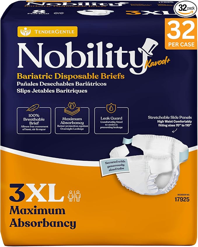 3XL Adult Diapers for Women and Men - Case of 32 Bariatric Disposable Briefs with Tabs and Stretchable Side Panels - Breathable with Max Absorbency