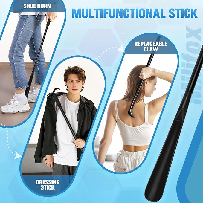 Long Handled Shoe Horn and Dressing Stick for Elderly, Shoe Horn, S-Hook, and Claw 3 Tools in One, No Bending for Dressing & Reaching, Ideal for Seniors, Arthritis, Pregnant Women