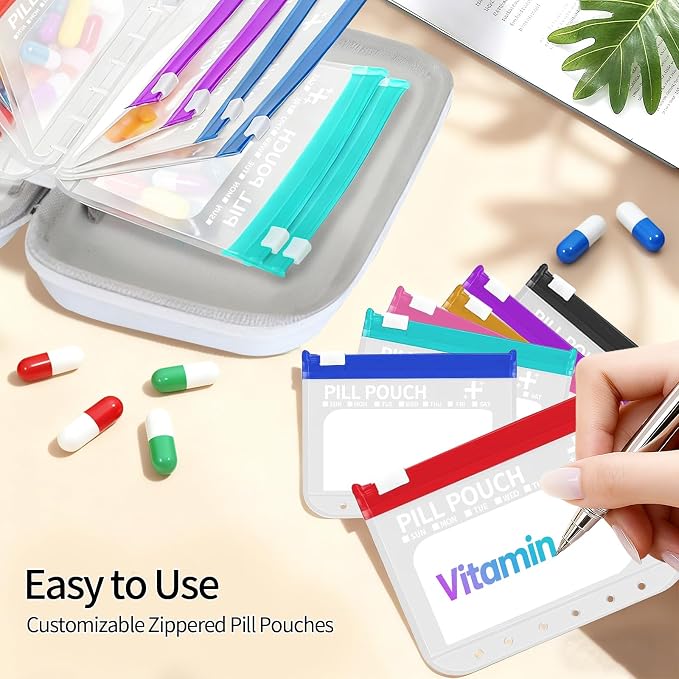 Extra Large Weekly Waterproof Pill Organizer Set, Reusable Pill Bags with 14 Coded AM PM Pouches for Home and Travel, 7 Day Portable Medicine Pill Case for Fish Oils, Vitamins and Daily Meds (White)