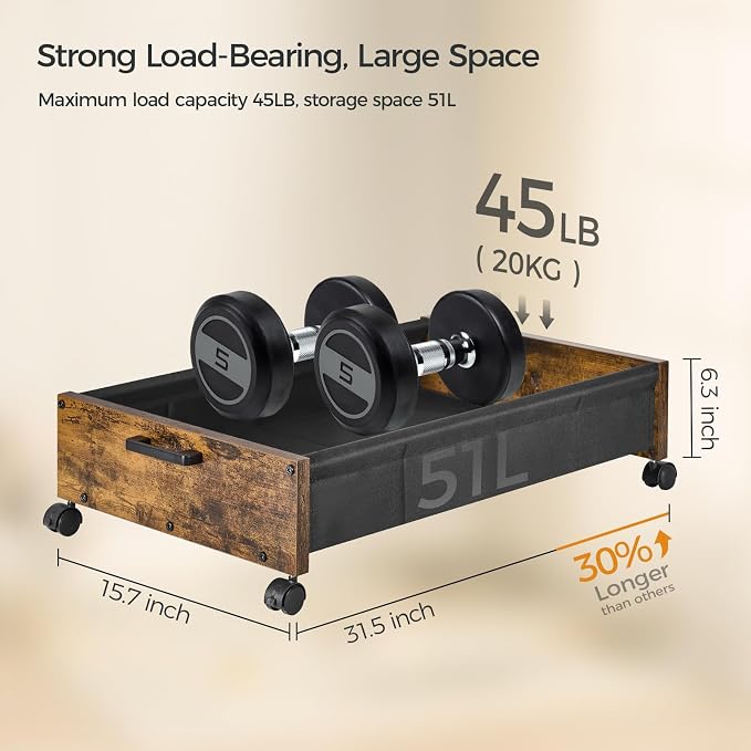 FOUCSSOMEI Under Bed Storage with Wheels, Wooden Under Bed Drawers On Wheels, Rolling Under Bed Shoe Storage, Space Saving, Rustic Brown,50L