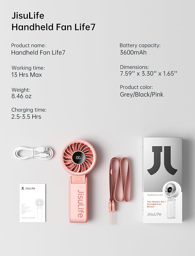 JISULIFE Handheld Fan Life7 – Ultimate Flexibility: Wide & Strong Airflow, 13H Max Cooling, 3600mAh Rechargeable, 5-Speed, LED Display, 3 IN 1 Portable Fan for Travel, Concerts, Sports Events(Pink)