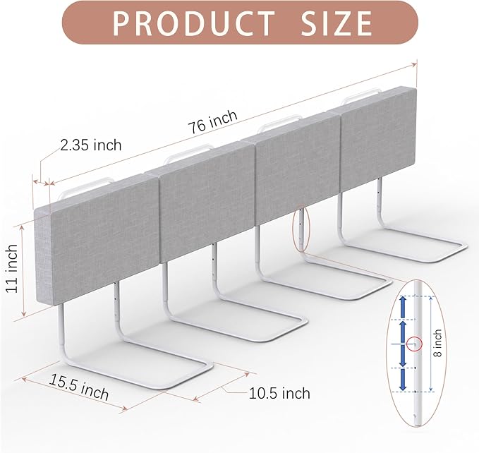 Bed Rail, Bed Rail for Toddlers, Kid, 78.7 Inch Bed Side Rails Safety for Queen, King, Full, Twin, Bunk, Dorm Beds to Prevent Falls, Bed Barrier for Dogs, Easy Installation (Gray, 4 Packs)