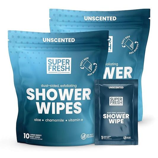 Super Fresh Shower Wipes Large Unscented Body Wipes for No Rinse Bathing Personal Hygiene Gym Travel or Camping Enriched with Aloe and Vitamin E 20 Individually Wrapped Disposable Sheets