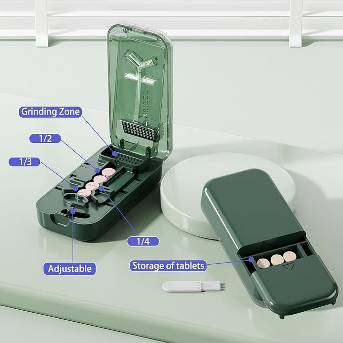 Precision Pill Cutter with Centering Guide - Multi-Angle Tablet Splitter for 1/2, 1/3 & 1/4 Cuts, Includes Pill Crusher & Storage Compartment (Transparent Green)