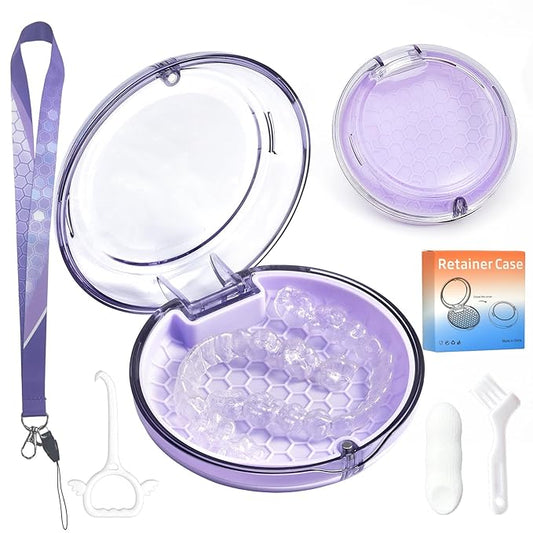 Retainer Case Slim Aligner Case with Vent Holes Removable Inner Tray Silicone for Easy Cleaning Retainer Removal Tool and Brush (Clear Purple with Lanyard)
