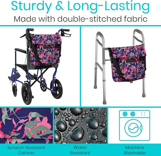 Vive XL Wheelchair Accessories Bag - Waterproof, Scratch-Resistant, Double-Stitched, Machine Washable for Adults, Seniors, 15 Colors - Storage Walker Backpack to Hang on Back