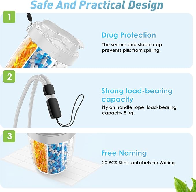 Pill Dispenser with 7 Large Compartments - Portable Pill Organizer for Travel, Anti-Mix Design & Wide Opening Design, Easy Access to Vitamin Dispenser, Includes 20 Blank Stickers(Gray)