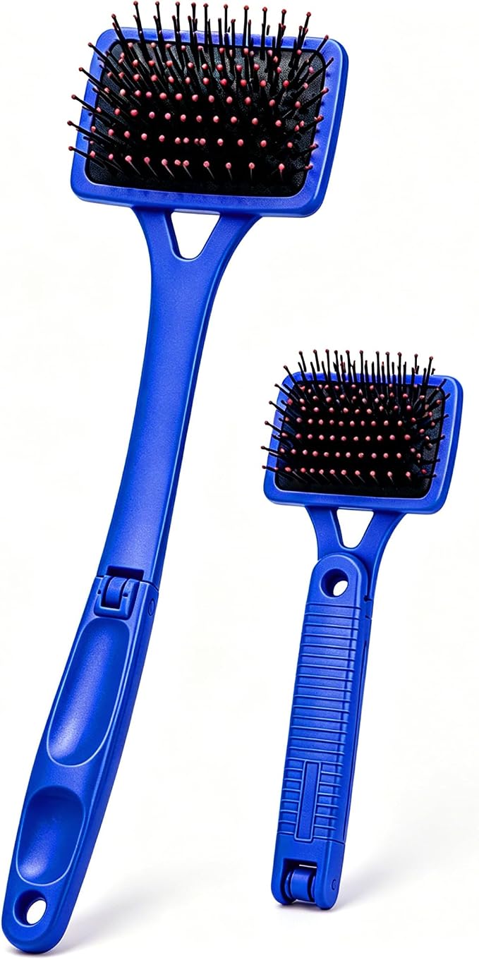 Back Scratcher Extendable Blue Folding Handle for Men Women | Long reach folding handle with soft bristles for back shoulders legs and everyday personal care use at home or travel