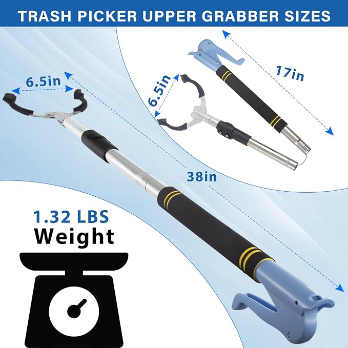 Trash Picker Upper Grabber Heavy Duty, 38" Grabber Reacher Tool Heavy Duty for Yard Work Trash Picker Outdoor Stainless Steel Metal Extra Long Foldable Sturdy and Durable (38 inches)