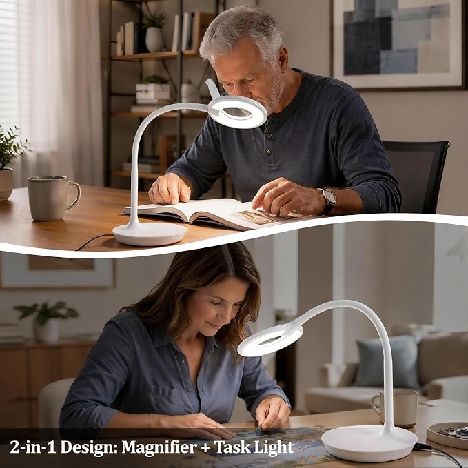 3X+6X Magnifying Glass with Light and Stand, Dimmable LED Magnifying Lamp | Flexible Gooseneck, Hands Free Magnifier, Magnification Lamp for Elderly Craft Hobby Painting Sewing Close Work,Weighted Base