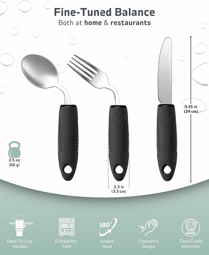 3-Piece Adaptive Utensils Set - 42° Angled Parkinsons Utensils, 2.5 oz Weighted Utensils for Tremors and Parkinsons Patients, Easy Grip Weighted Silverware for Hand Tremors (Right-Handed)