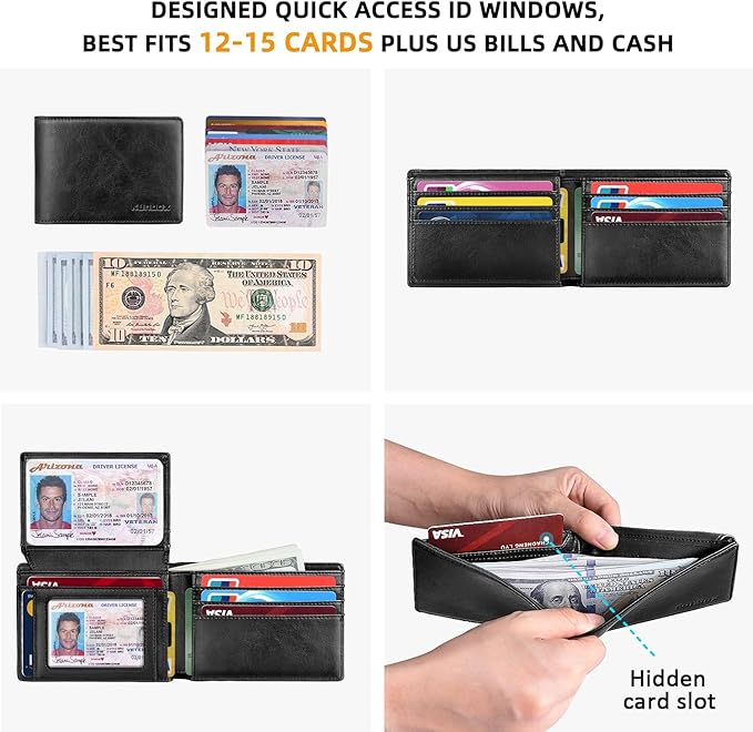 RUNBOX Wallet for Men -Slim Rfid Leather Mens Bifold Novelty Wallets 2 ID Window With Gift Box Men's Accessories | Minimalist Front Pocket Design, Holds 15 Cards, Large Capacity with Cash Pocket,Compact and Thin, Birthday Gifts for Men