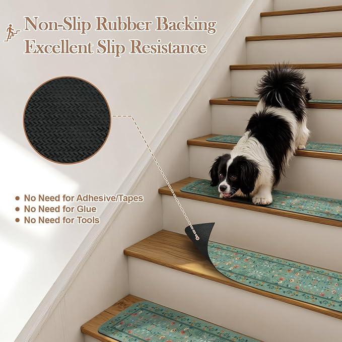 OJIA Non-Slip Stair Runner for Wooden Steps 15PC 30"x8" Carpet Stair Treads | Indoor Floral Stair Treads Carpet Stair Mats Staircase Step Treads for Kids, Elders and Dogs, Stair Covers, Green