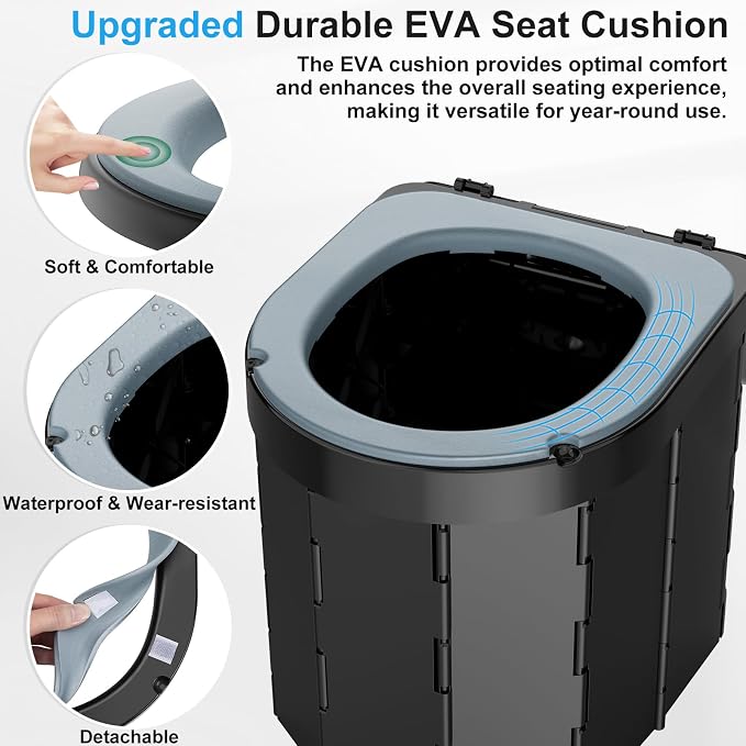 Portable Camping Toilet, Foldable Toilet for Adults with Detachable Phone Shelf and Toilet Paper Holder, Waterproof Porta Potty with Lid for Camping, Hiking, RV Travel, Road Trips