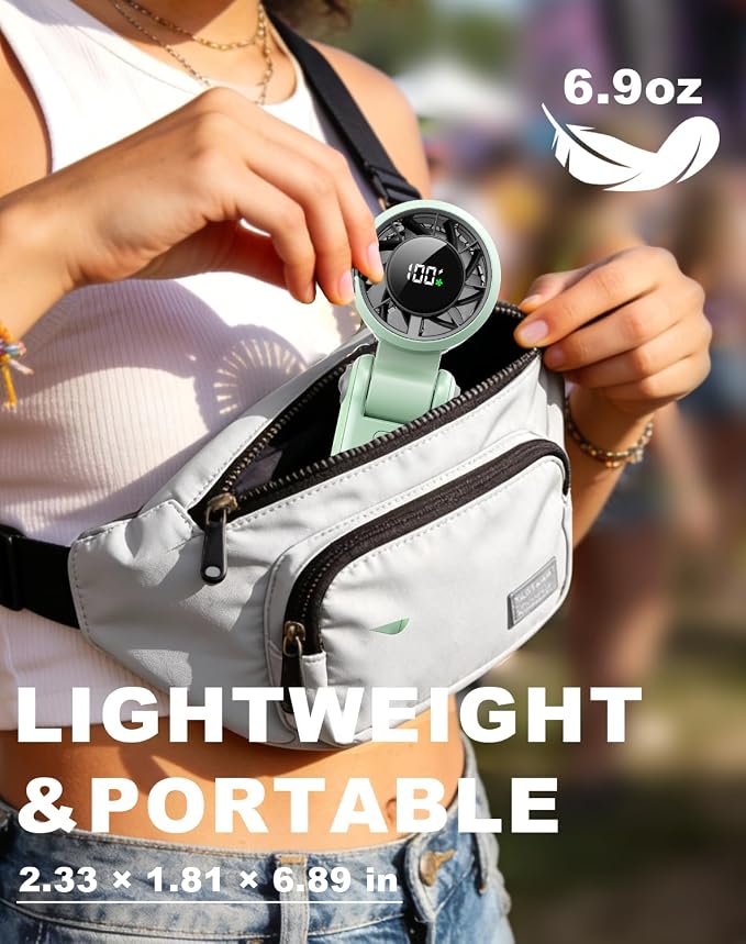 Portable Handheld Turbo Fan - 5 Speed Mini Personal Fan with Strong Airflow, Foldable 3 in 1 Rechargeable Battery Operated Trave Essentials Hand Fans for Indoor/Outdoor Use, Green