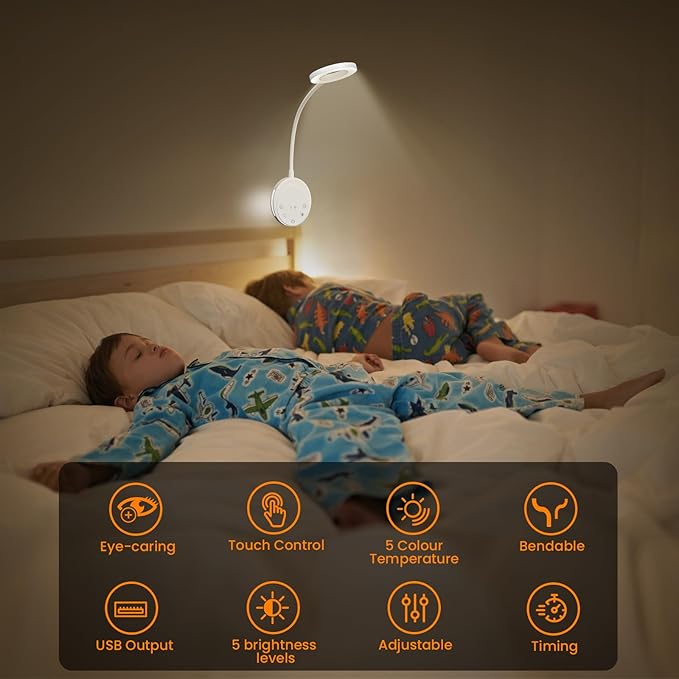 Wall Mounted Reading Light,Headboard Reading Lamp with 5 Color Temperature &5 Dimming,360°Flexible Gooseneck,USB Output, Night Light&Timer Function- Perfect for Reading in Bed (White 2 PCS)