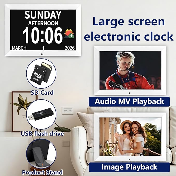 10.1 Inch White Digital Dementia Clock, Large Display Calendar Clock, 15 Medication Reminders, Auto DST, Auto Brightness Adjustment, Equipped with Remote Control (10.1inch White, Large)