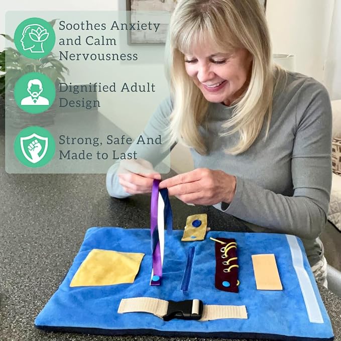 Modaliv 2-in-1 Sensory Fidget Blanket & Calming Muff, Blue | Alzheimer's & Dementia Activity Mat for Adults, Anxiety Relief, Therapeutic Tactile Sensory Engagement