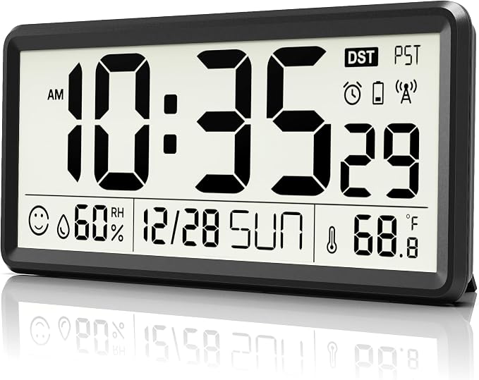 EASYERA 15'' Large Digital Wall Clock Battery Operated, Atomic Clock with Indoor Temperature and Humidity, Self-Setting with Auto DST, for Kitchen, Classroom, Living Room (Batteries Not Included)