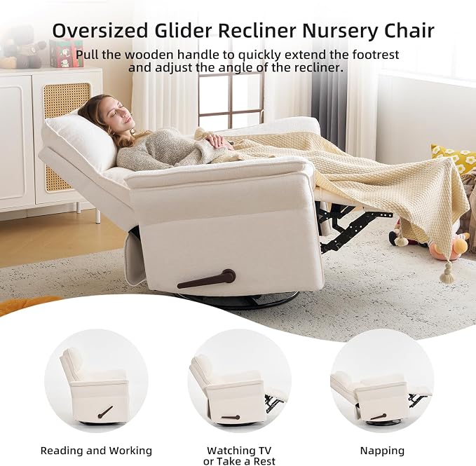 Oversized Recliner Chair, 24" Extra Wide 360° Swivel Rocker Recliner with Adjustable Headrest, Chenille Glider Rocking Nursery Chair with Overstuffed Armrest, Lumbar Support, White