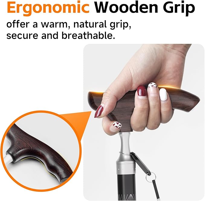 Aluminum Alloy Walking Cane, Height Adjustment and Foldable, Wooden Ergonomic Contoured Grip, All-Terrain Walking Stick for Men/Women(JM103-5-Y)
