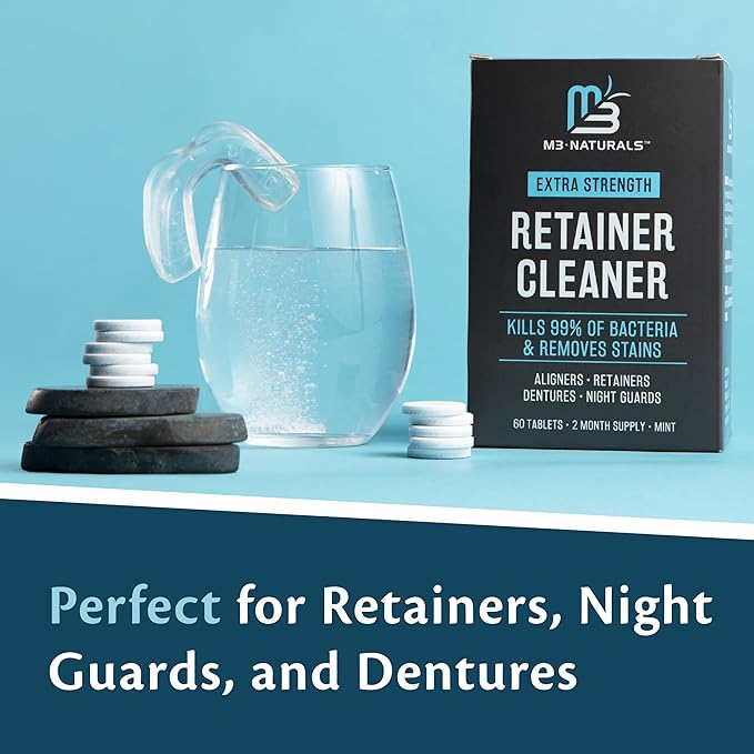 Retainer Cleanser Tablets Cleaner, Removes Odors Discoloration Stains and Plaque 2 Month Supply Denture Cleansers Retainers Mouth Guards Denture Bath Mint by M3 Naturals (Pack of 2)