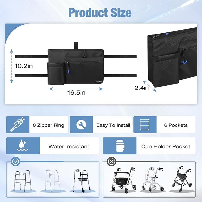 ZHCHG Walker Bag with Cup Holder, Walker Accessories for Seniors Detachable | Foldable Walker Basket with Large Capacity, Best Gift (Not Fit Rollator Walkers)- Black