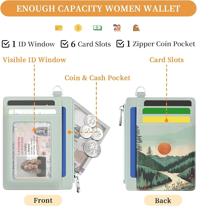 Hancynir Mountain Small Wallet Women Credit Card Holder, Wristlet RFID Cute | Keychain Wrist Lanyard Wallet, Travel Zipper Coin Pocket, Ladies Gifts Women, Minimalist Card Case, 6 Card Slots, PU Leather