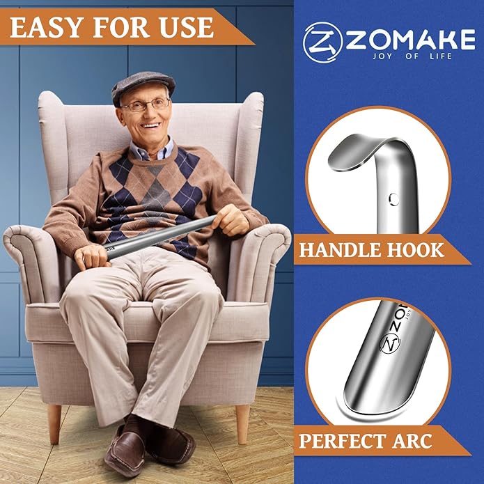 ZOMAKE Metal Shoe Horn Long Handle for Seniors 16.5 Inch,Long Shoehorn Stainless Steel Shoe Spoon Shoe Helper for Men Women
