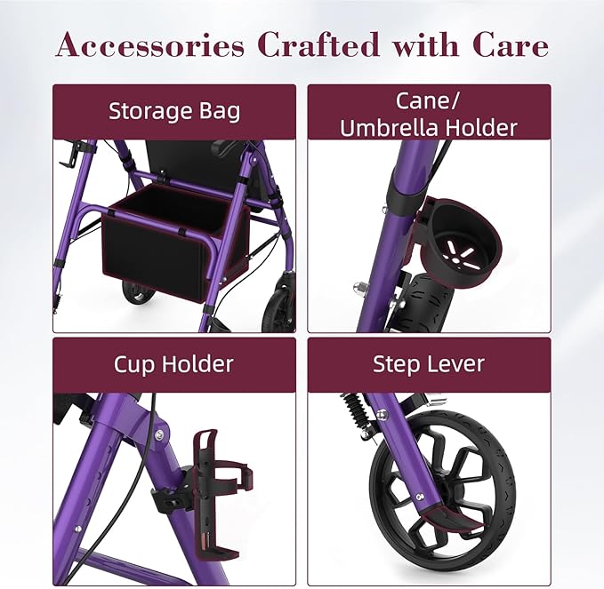 Walkers for Seniors, Foldable Rollator Walker with Seat, 8" Big Wheels, Lightweight Rollator Walker with Ergonomic Backrest, Adjustable Handles and Seat Height, 310 Lbs Weight Capacity, Purple