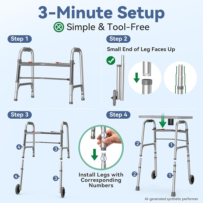 Loyoda Folding Walker with Tray, 5" Wheels Lightweight Walkers for Seniors and Adults, Supports Up to 350 Pounds, Adjustable Height, Compact Standard Walker, Silver