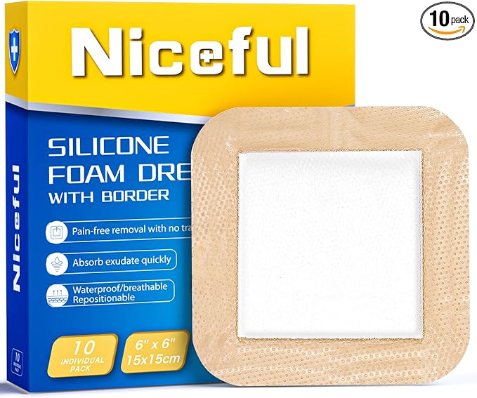 Niceful 10 Count Silicone Foam Dressing 6" x 6" - Large Bandages for Wounds, Wound Dressing Waterproof Silicone Bandages for Bedsores, Diabetic Foot Ulcers, I-II Degree Burns