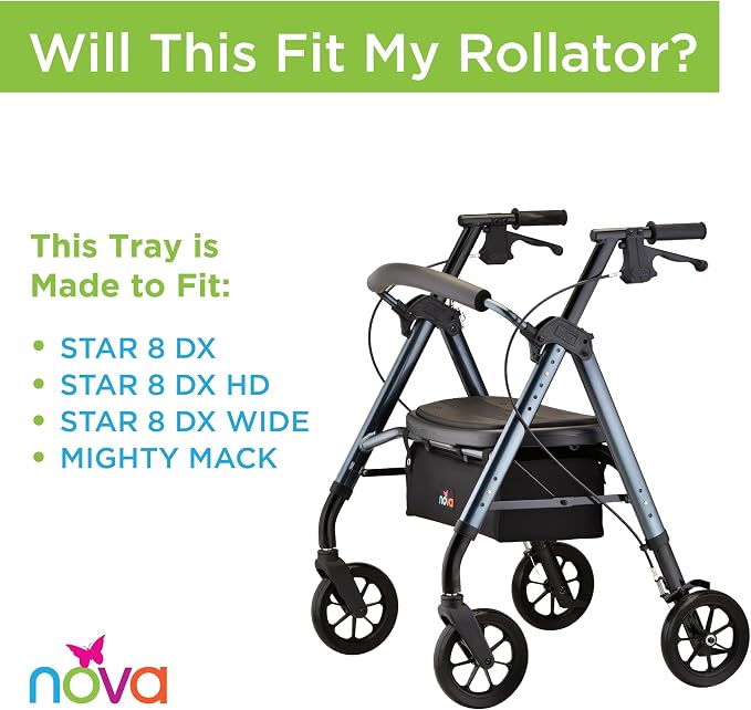 NOVA Rollator & Walker Tray Table with Side Carry Handles - Lightweight Accessory Tray for Mighty Mack, Star DX Rollators and Cruiser, Mack Walkers