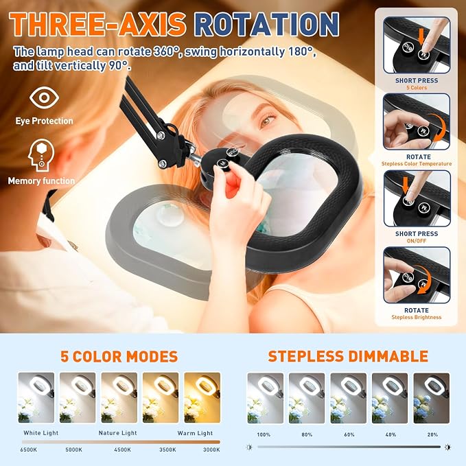 KIRKAS 12X 30X Magnifying Glass with Light, 3-axis Rotation Magnifying Lamp | 35in Long Arm LED Lighted Magnifier Real Glass Lens for Repair Craft Sewing Workbench, Knob Stepless Dimming and Color