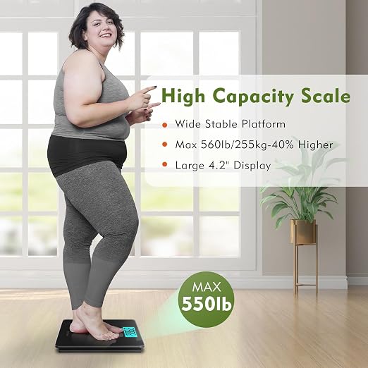 ZOETOUCH 560lbs Bathroom Scale for Body Weight, Extra Wide Oversized 12.9" Platform, Large 4.2" LCD Display, High Accuracy Digital Weighing Machine with Heavy Duty Tempered Glass for Bariatric Seniors