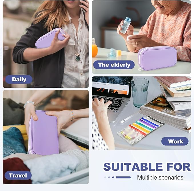 Weekly Pill Organizer 2 Times a Day – Timueetech A6 Waterproof 14 Pouch Bags for Travel, BPA-Free Medication Storage with Labels & Self-Sealing for Vitamins & Supplements, Purple