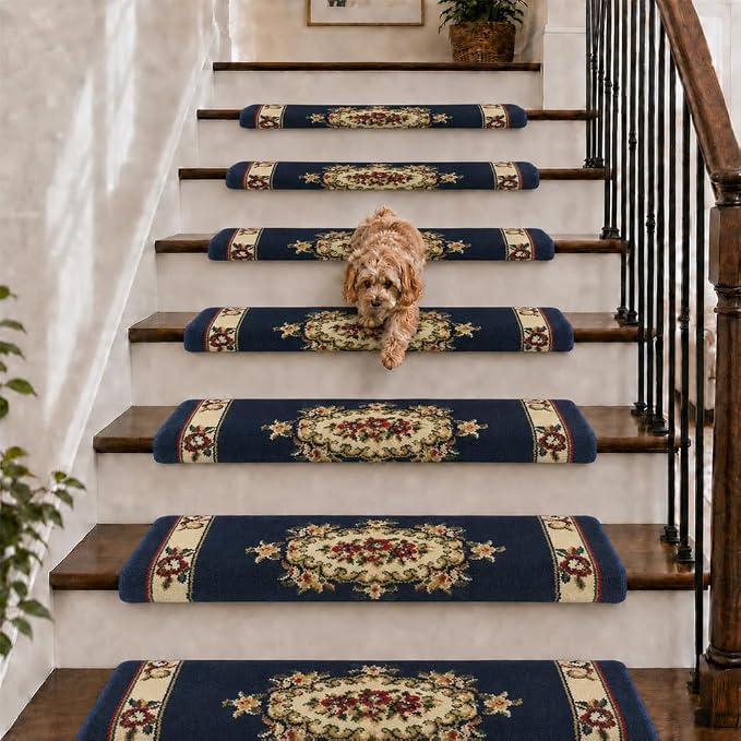 Rounded Bullnose Carpet Stair Treads for Wooden Steps Indoor, No Tape Non Slip Step Mats with TPU Backing & Steel Reinforced Edge for Dogs Elders,Navy Floral,2