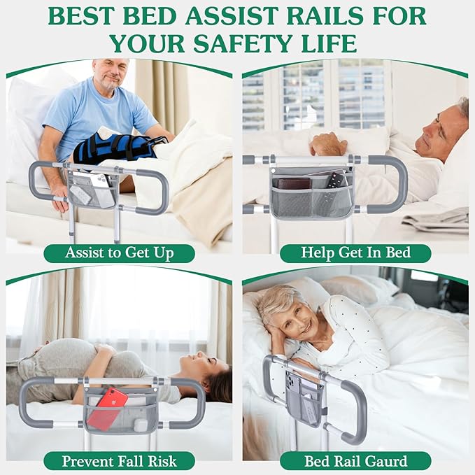 Bed Rails for Elderly Adults Safety - Extended Bed Assist Rail for Seniors - Adjustable Beds Side Rails Handle Support Bar Bed Guard with Storage Bag & Fixing Strap, Fit King Queen Full Twin Beds