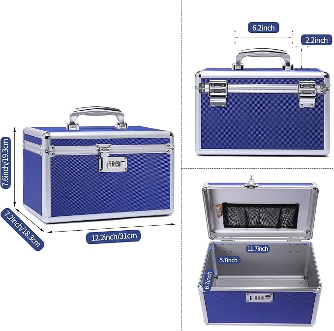 Lockable Medication Box with Portable Storage Case, 12.2''x 7.2''x 7.6'', Childproof Medicine Organizer with Combination Lock, Locking Box for Money, Documents & Meds (Blue/Medium)