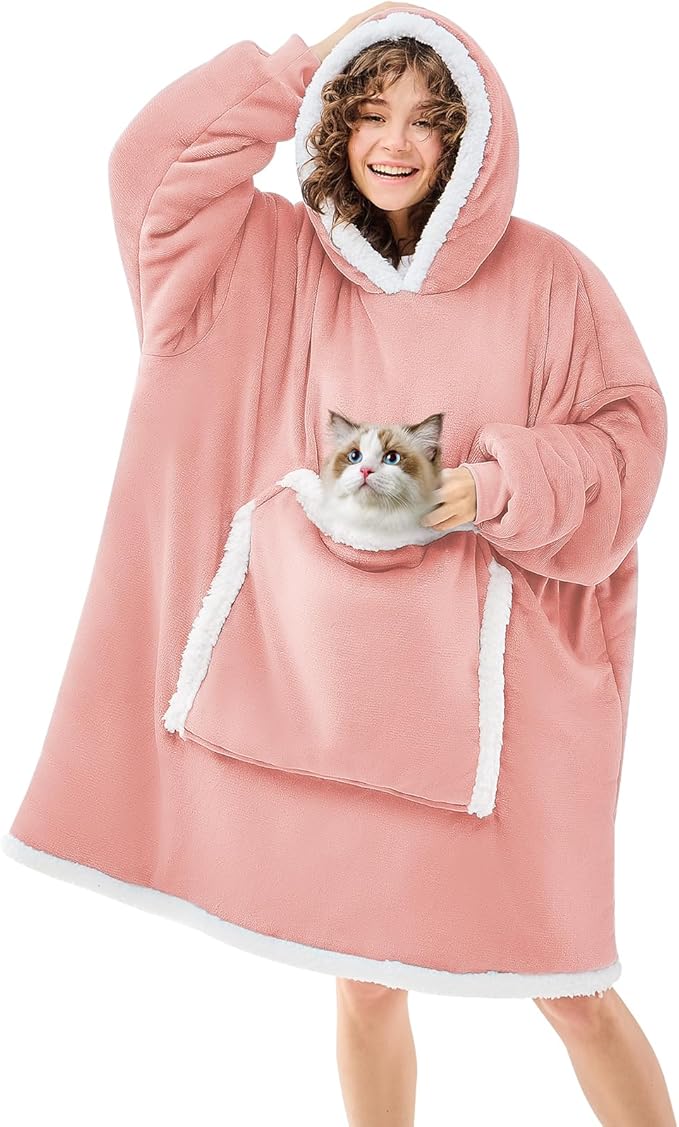 JOYWOO Pink Wearable Blanket Hoodie, Oversized Cat Lovers Sweatshirt Blanket for Adult & Teens, Birthday Gifts for Women Men Mom Girl Boys,Cozy Sherpa Blanket Giant Pocket Gifts,Mellow Rose Small