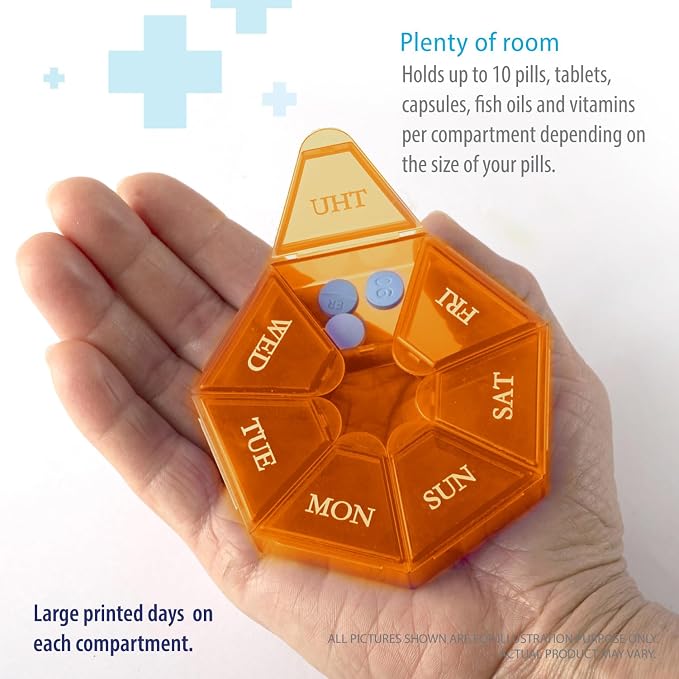 Deke Home - Small Weekly Pill Organizer, Round Pill Dispenser for Travel, Mini Pill Organizer, Compact Medicine Holder, Pill Sorters 7 Days, Portable Vitamin Container, BPA Free (Food Grade)