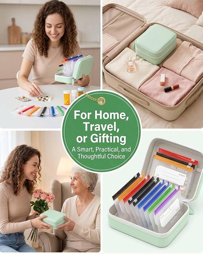 Waterproof Pill Organizer A8 Binder Set Pill Pouches for Travel 14PCS Bags Inside Large Zippered Pouch Bpa-Free Weekly Medicine Air Tight Pocket Color-Coded Reusable Travel Storage System