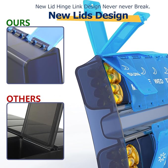 XL Large Weekly Pill Organizer 2 Times A Day, Hinged Lids Daily Vitamin Pill Box Holder Am Pm, Big Pill Container 7 Day, Medication Organizer Twice a Day, Medicine Organizer for Supplement