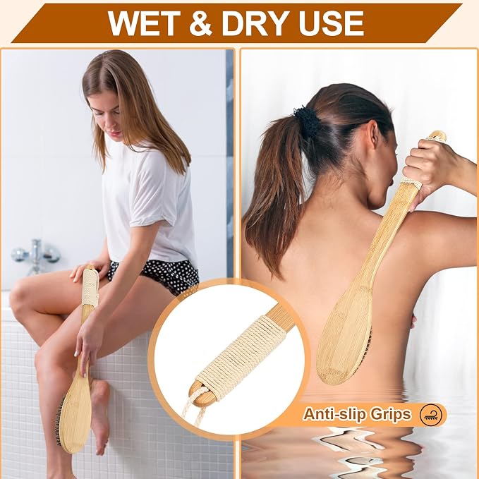 eaxun Bamboo Back Scrubber for Shower with Curved Long Handle, Shower Brush | 16.7 Inch Exfoliating Brush with Natural Horse Bristles for Men & Women, Anti-Slip Grip Back Washer for Bath or Dry Brushing