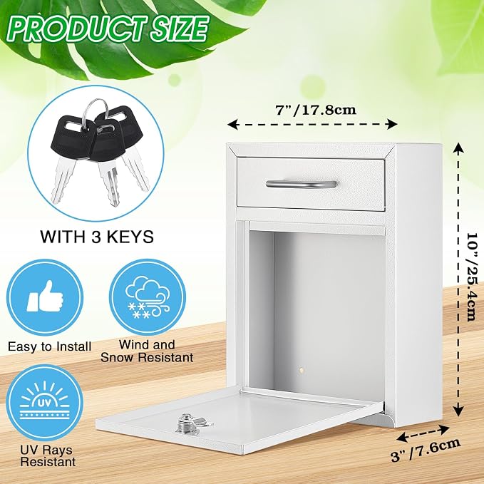 Yaocom Locking Mailbox with Key for Outdoor 10 x 7 x 3 Inches Small Wall Mount Mail Box with Lock Security Mail Drop Metal Collection Boxes Hanging Secure Postbox(Creamy White)