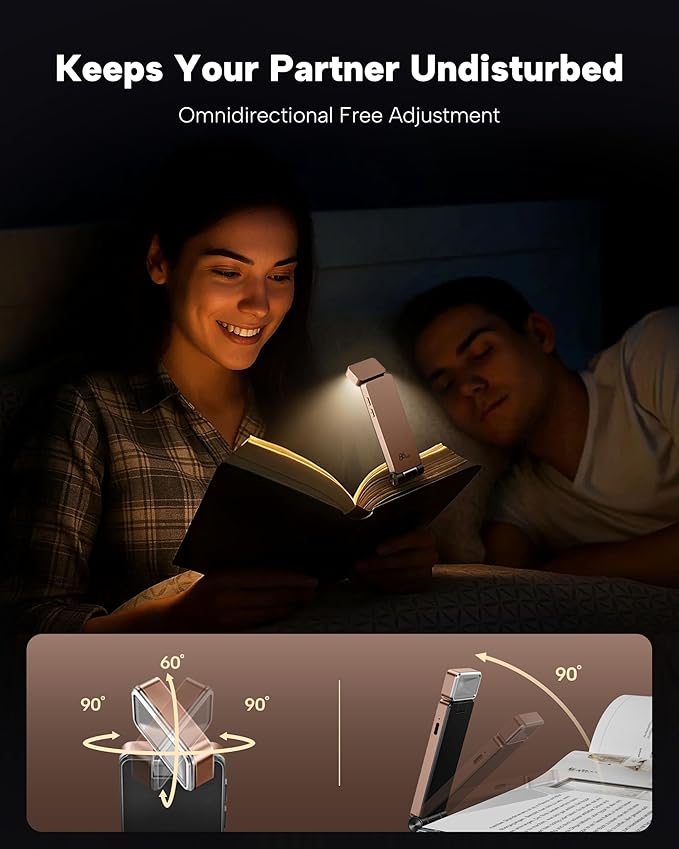 86lux Book Light, Rechargeable Clip-On LED Reading Light for Bed & Night Use - 3 Color Temperatures with Stepless Dimming, Ultralight Bookmark Design for Kids, Book Lovers, Pink Brown