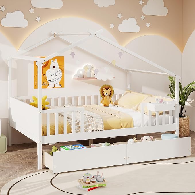Giantex Full House Bed with Drawers, Wooden Full Size Bed Frame with Cube Storage & Fence Rails, Montessori Beds for Kids Boys Girls, Bedroom, Living Room, No Box Spring Needed, White
